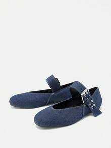 2025秋季2024春夏新款欧美方头一脚蹬平底鞋百搭女式软皮奶奶鞋 - 藍色 - 查看 6