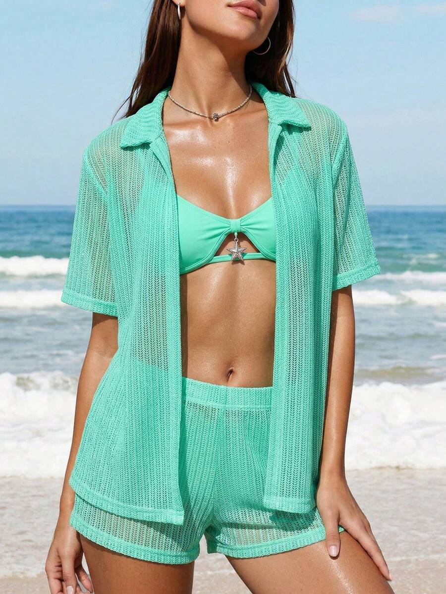 SHEIN Swim Áo khoác cài nút phía trước và bộ đồ ngắn mùa hè - Màu xanh Bạc hà - Xem 1