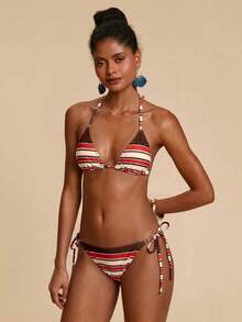 Travachic Women's Summer Beach Patchwork Halter Tie Sexy Bikini And Triangle Briefs Swimwear Set Vacation Bathing Suit - Multicolor - View 3