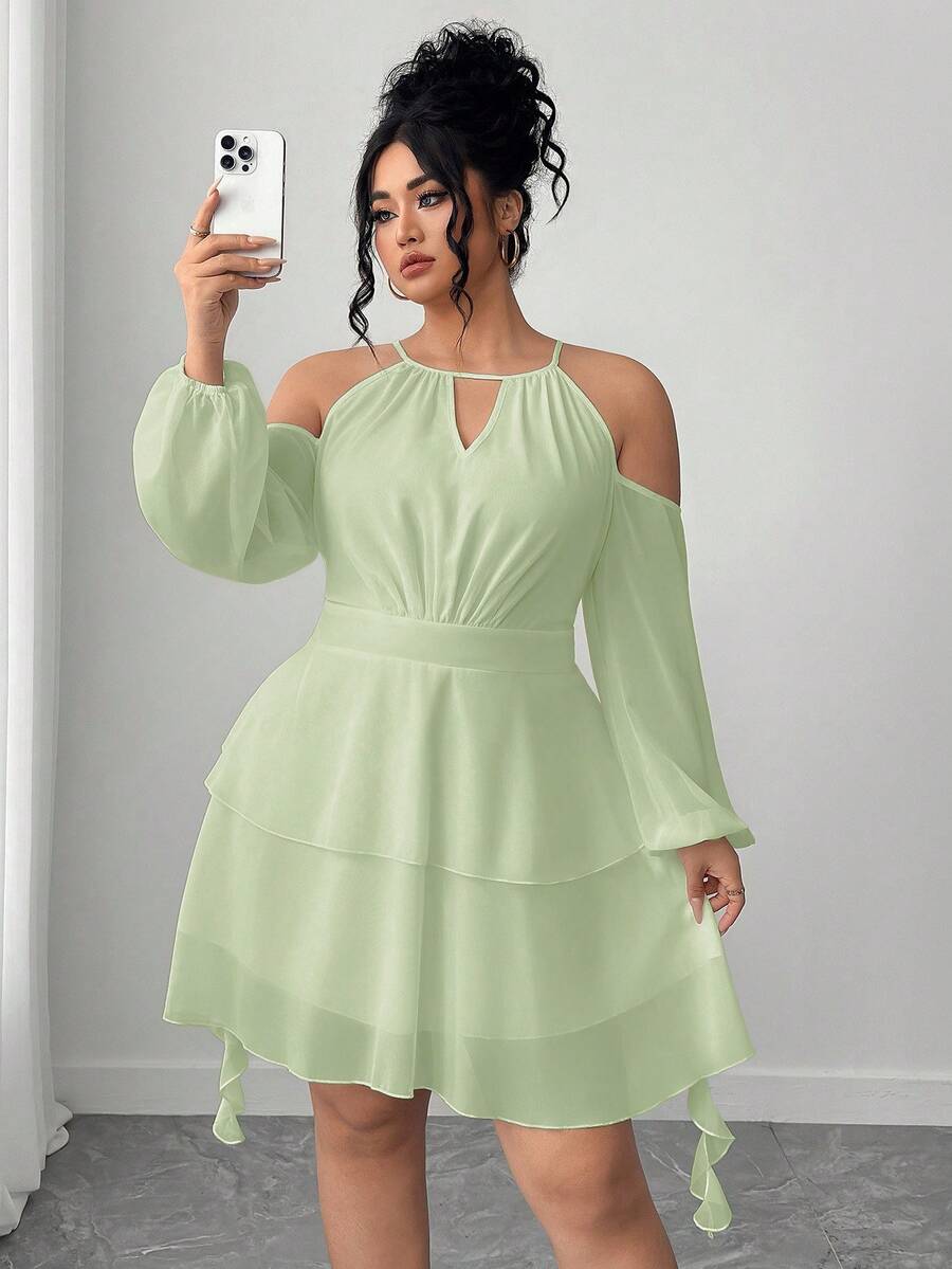 Elenzga Women's Cold Shoulder Solid Color Keyhole Neck Lantern Sleeve Dress - Green - View 1