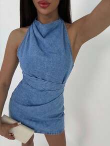Aloruh Women's Pleated Fashion Halter Denim Dress - Blue - View 3