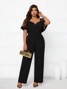 Femmeverse Plus Size Women's New Mesh Patchwork Jumpsuit, Slimming And Elegant - Black - View 3