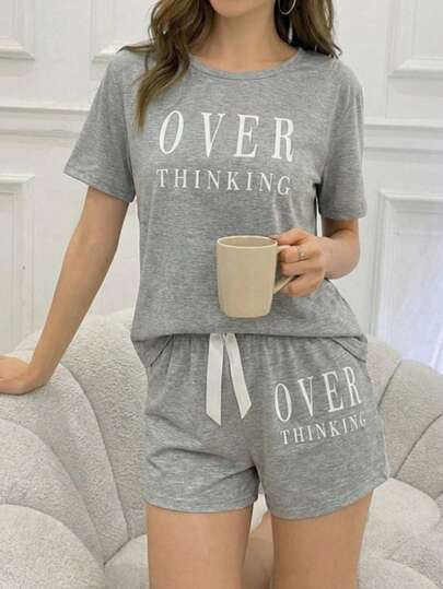 Conjunto de 2 piezas de pantalón y/o Short  blusa de manga Corta de cuello redondo de unicolor, de punto jacquard, holgado y casual para mujer, ropa de otoño e invierno