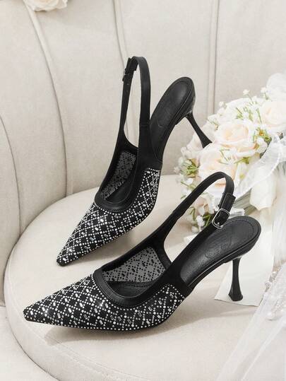 CUCCOO HITCHD Giày sandal cao gót quai ngang mắt cá chân mũi vuông đính lưới và đá lấp lánh dành cho nữ, kiểu dáng mới mùa xuân/hè, màu đen thanh lịch, thích hợp cho đám cưới và ngày Valentine.
