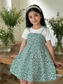 Emery Rose Kids Emery Rose Kids 2pcs/Set Young Girl Solid Color Knit T-Shirt And Printed Chiffon Slip Dress 2pcs/Set Young Girl/Tween Girls White Knit Fitted Crop Top And Ditsy Floral Camisole Dress, Casual Vacation, Comfortable Home Wear, Suitable For Spring/Summer, Clean Girl Look Young Girl Spring Dress Children Casual Dress Summer Clothes White Dress Prom Dresses Mmer Dresses White Dresses Pink Dress Graduation Dress Prom Dress - Green - View 2