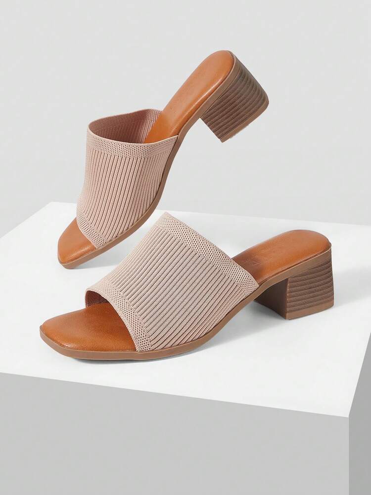 SUMMER APRICOT VELVET WOVEN SQUARE TOE THICK HEEL ONE-PIECE SLIPPERS FASHIONABLE AND CASUAL SOLID COLOR WOMEN'S HIGH-HEELED SANDALS