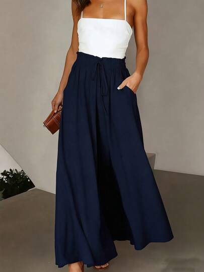 Pariaura Women's Long Wide Leg Woven Fabric Colorblock Pants In Navy Blue With Convenient Pockets Casual Style