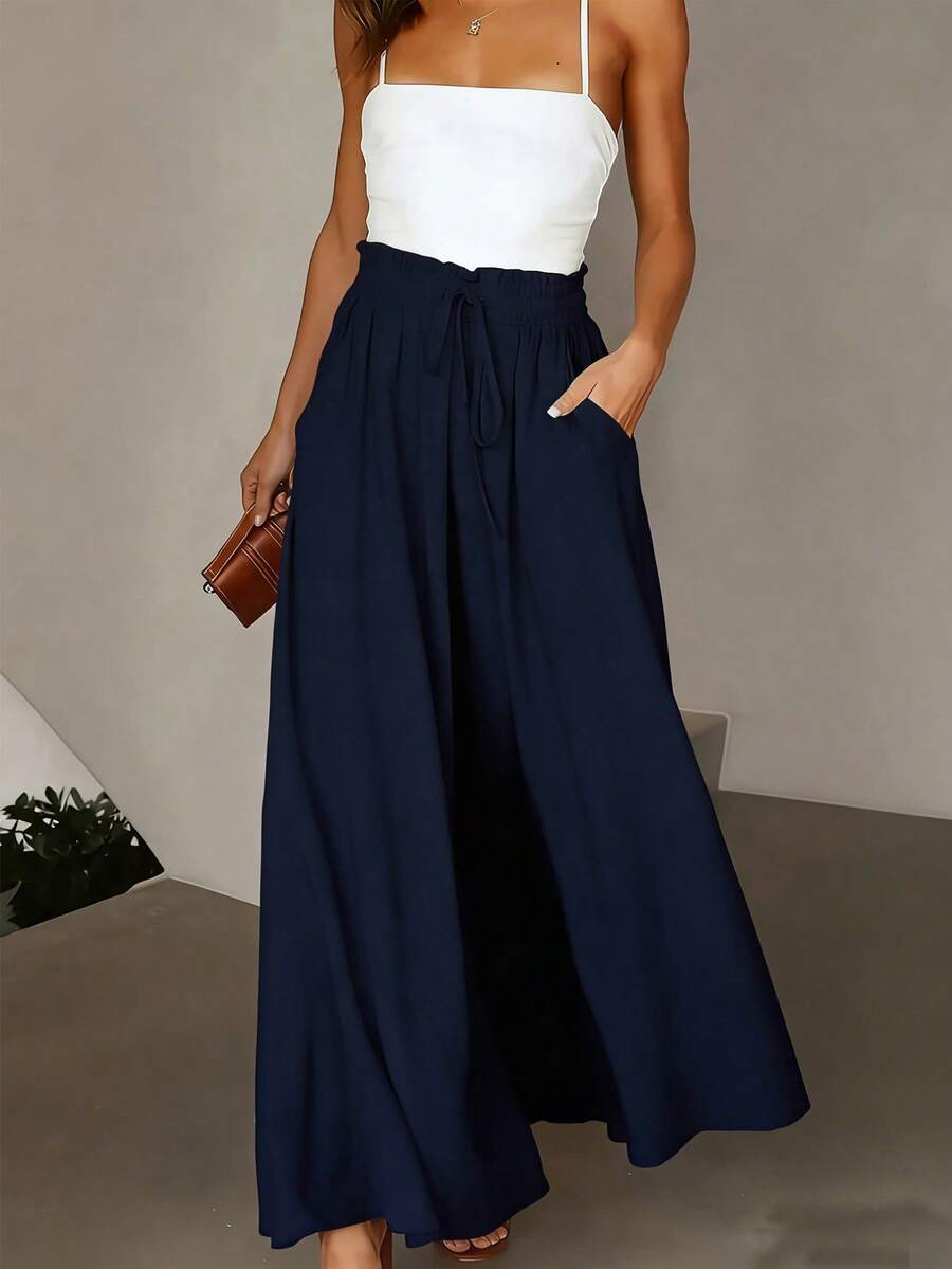 SHEIN PariChic 女士纯色荷叶边系带腰袋阔腿裤 - 藏蓝色 - 查看 1