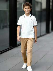 SHEIN 两件套青少年男童绅士套装，短袖Polo衫+长裤，优雅正式的生日派对、婚礼、周年纪念、毕业典礼等场合着装 - 白色 - 查看 3