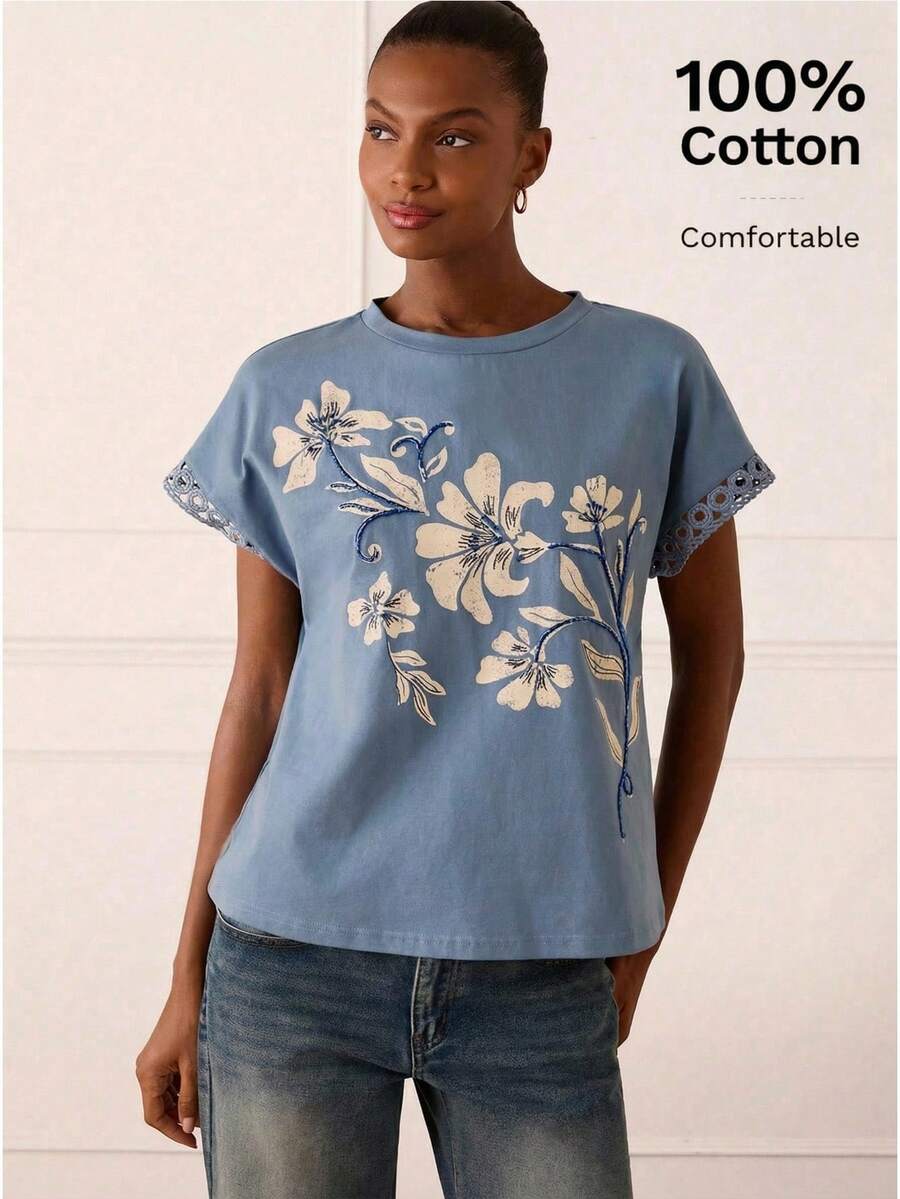 Lilora Áo thun cotton nữ thanh lịch với thiết kế in và thêu cao cấp, thời trang, đa năng và sang trọng, phù hợp cho đi làm, đi chơi hàng ngày, dự tiệc, hẹn hò, tụ họp, hoạt động giải trí, dã ngoại, kỳ nghỉ, du lịch mùa hè và các dịp lễ. Áo thun cotton nữ, áo thun nữ mùa hè. - Màu xanh lam - Xem 1