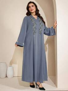 Al Najma Đầm maxi dài tay truyền thống Ả Rập cỡ lớn dành cho nữ, đính đá và sequin, trang phục dạ hội trang trọng. - Màu xanh lam - Xem 4