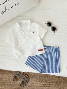 SHEIN 男婴夏季休闲白色翻领Polo衫和蓝色条纹短裤两件套，正式服装 - 彩色 - 查看 4