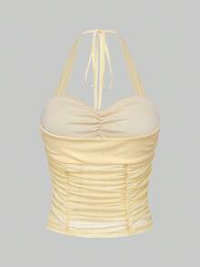 Pariaura Cream Yellow Ruched Fitted Camisole/Slimming Sexy Women's Tank Top - Light Yellow - View 2