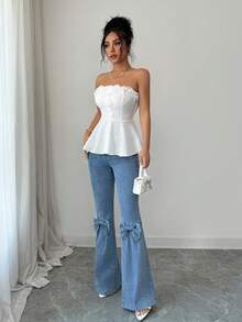 Elenzga 时尚百搭通勤蝴蝶结设计修身喇叭牛仔裤，女士款 - 淺色水洗藍 - 查看 4