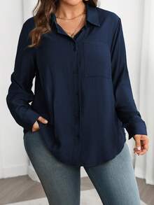 Vionelle Plus Size Solid Color Front Button Casual Long Sleeve Shirt Office Navy Blue Autumn - Navy Blue - View 3