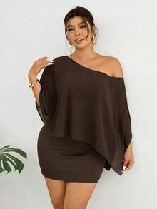 Lounesse Plus Size Women's Fashionable Solid Color Off-Shoulder Mini Dress One Sleeve Dress Batwing Dress - Brown - View 5