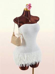 Amplova 无袖流苏抹胸休闲度假修身钩针性感针织舒适派对连衣裙 - 杏色 - 查看 2