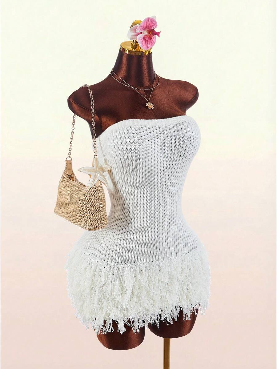 Amplova Đầm dệt kim không tay có tua rua, kiểu quây ngực, thích hợp cho kỳ nghỉ, đi nghỉ mát, ôm sát cơ thể, gợi cảm, thoải mái, thích hợp cho các bữa tiệc.