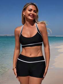 Swim SPRTY 女士黑白拼接运动比基尼套装，适合海滩度假和夏季穿着 - 黑與白 - 查看 3