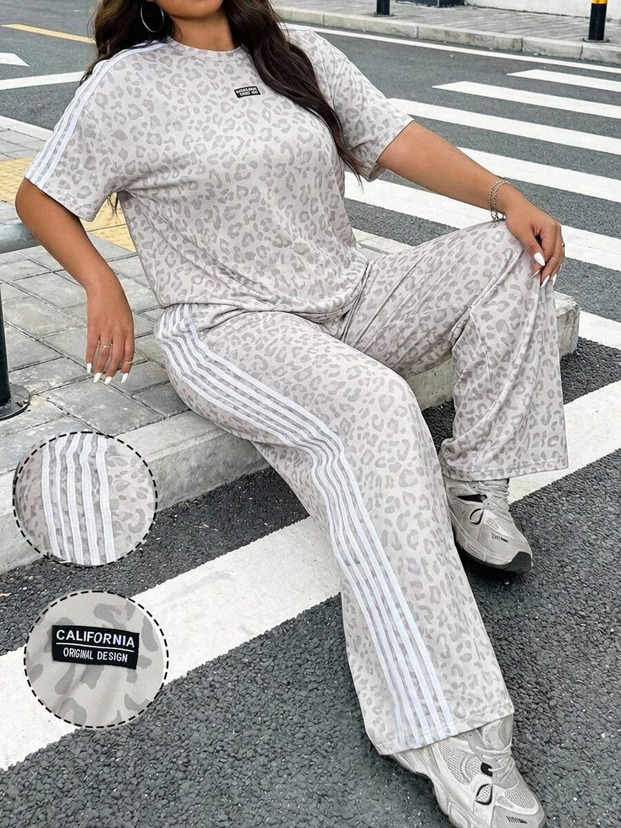 SHEIN EZwear 加大码夏季休闲豹纹拼接条纹短袖T恤和短裤两件套 - 淺灰色 - 查看 1