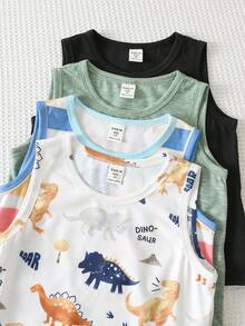 SHEIN Mua 3 tặng 1, bộ 4 áo tank top thoải mái, đa năng, họa tiết khủng long dễ thương và sọc màu sắc cho bé trai và bé gái, phù hợp cho mùa xuân/hè, mặc hàng ngày, thể thao, dã ngoại, đi học, dự tiệc, kỳ nghỉ, chụp ảnh, mùa tựu trường. - Nhiều màu - Xem 7