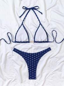 Swim Mod Women's Polka Dot Halter Strap Sexy Bikini Set, Beach Style For Summer Beach Vacation - Multicolor - View 4