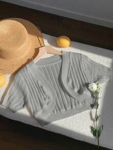 SHEIN EZwear Áo khoác cardigan dệt kim tay ngắn màu xám dễ thương, kiểu dáng thường ngày dành cho nữ, thích hợp cho mùa xuân/hè. - Xám - Xem 6