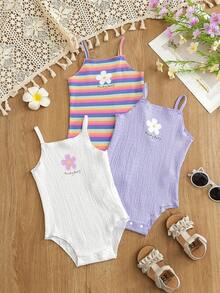 SHEIN 3pcs Baby Girls' Comfortable Versatile Minimalist Solid Color Knit Camisole Romper Set, Spring/Summer - Multicolor - View 7