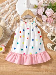 SHEIN Playful Pals 女婴休闲可爱彩色波点印花梭织连衣裙，夏季韩版 - 彩色 - 查看 3