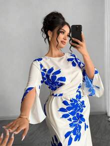 Elenzga 大码女士优雅通勤简约日常约会派对性感宴会开衩袖口修身杏色底黑色印花长裙 - 寶藍色 - 查看 3