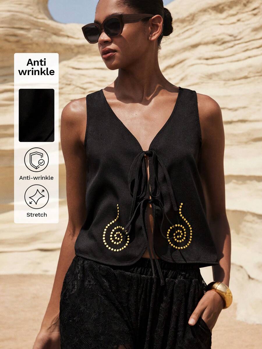 Maija Damen Perlen Knoten V-Ausschnitt Ärmellos Casual Trägershirt - Schwarz - Übersicht 1