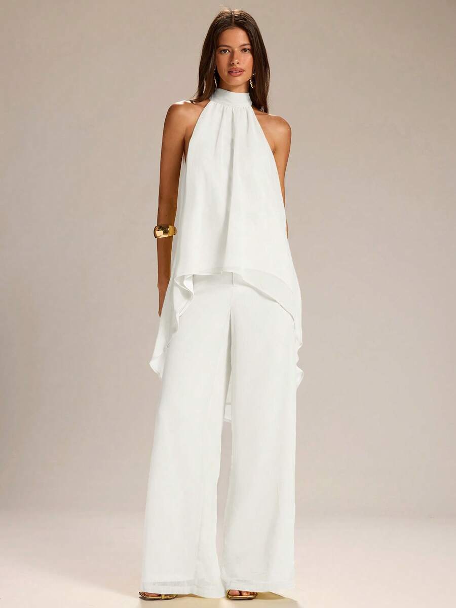 SHEIN BAE 春夏纯色黄色露背不对称无袖吊带背心和亚麻阔腿裤，休闲两件套，简约两件套 - 白色 - 查看 1