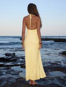 Opulessa Vestido de verano con escote halter y espalda descubierta de unicolor y encaje a ganchillo para mujeres - Amarillo claro - Ver 2