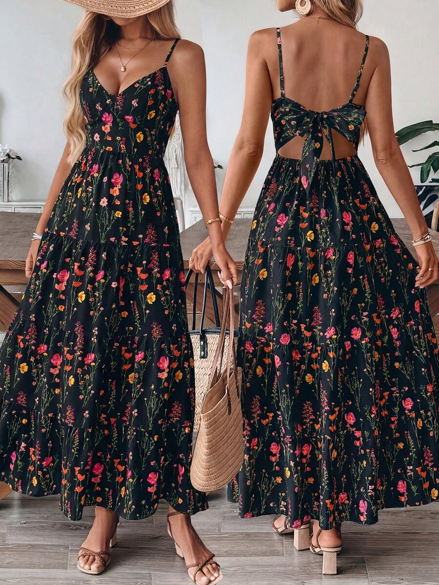 Breezaya 新款复古碎花生日婚礼多层拼接可爱蝴蝶结连衣裙（女款） - 黑色 - 查看 1