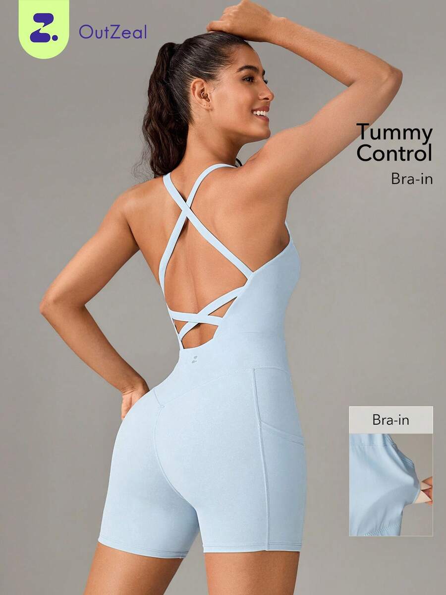 OutZeal Mono deportivo para mujer, diseño sin espalda, control de abdomen, absorción de sudor, para gimnasio, ciclismo y entrenamiento de verano - Celeste - Ver 1