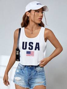 INAWLY Flag & Letter Graphic Tank Top Graphic Tees Women Tops - White - View 1