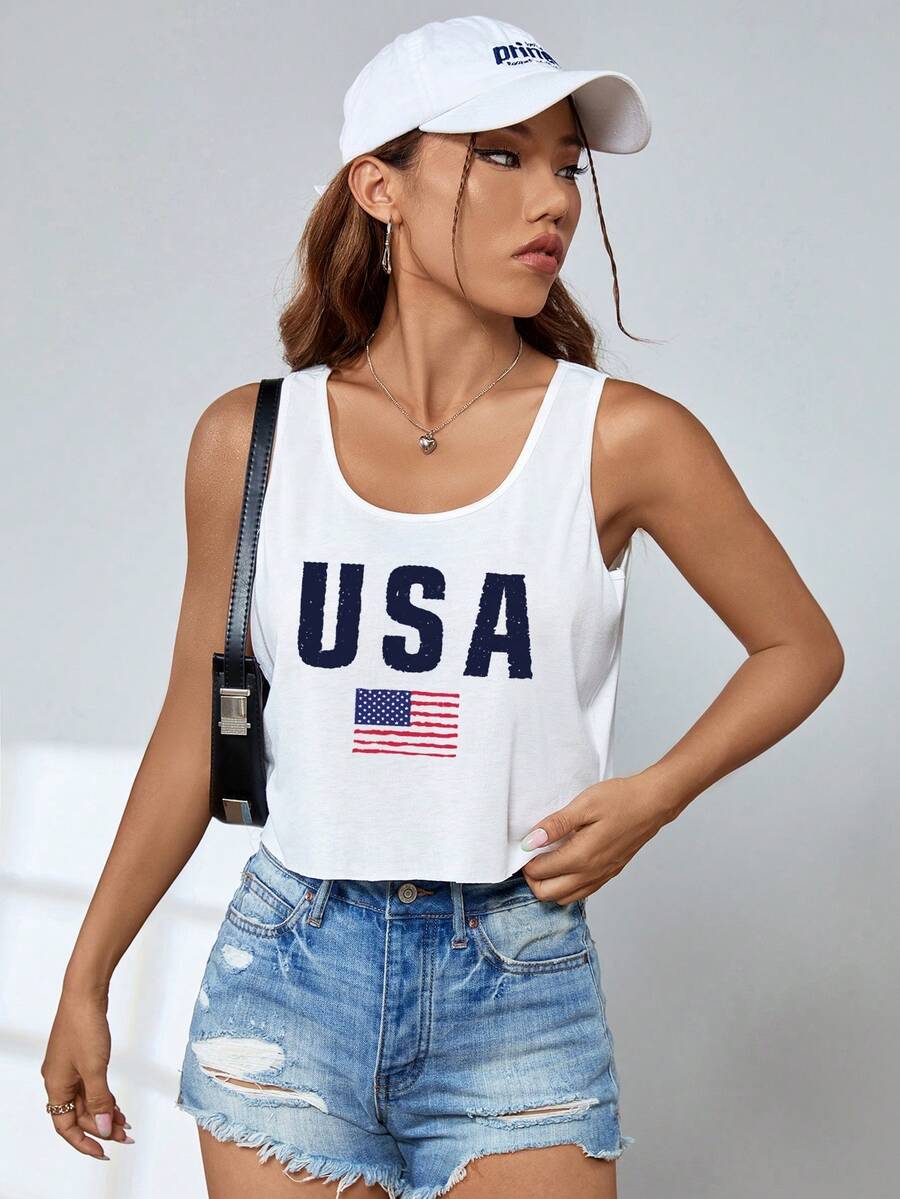INAWLY Flag & Letter Graphic Tank Top Graphic Tees Women Tops - White - View 1