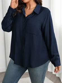 Vionelle Plus Size Solid Color Front Button Casual Long Sleeve Shirt Office Navy Blue Autumn - Navy Blue - View 4