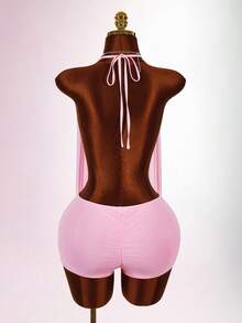 Amplova New Vacation Exaggerated Plunging Neckline Bodycon Jumpsuit For Women - Pink - View 2