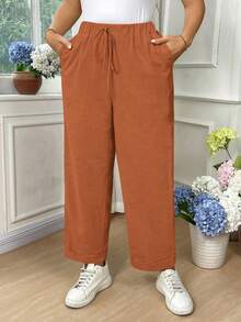 SHEIN LUNE Plus Size Women Cotton Fold-Over Waist Tie Pocket Pants Fall - Khaki - View 5