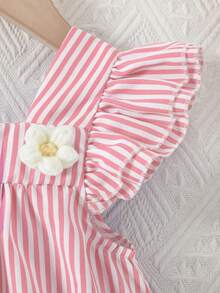 SHEIN 女嬰粉色與白色條紋3D花朵短袖公主洋裝，春/夏野餐可愛風 - 粉色 - 查看 6