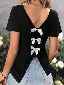 EMERY ROSE Camiseta holgada con cuello en V y lazo para mujer de talla grande - Blanco - Ver 2