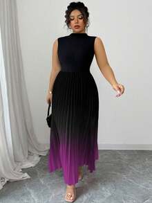 Elenzga Sleeveless High Neck Pleated Gradient Floral Print Plus Size Dress - Violet Purple - View 4