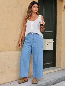 EMERY ROSE Mature Denim Quần jeans ống rộng dáng suông có túi dành cho nữ cỡ lớn - Rửa nhẹ - Xem 7
