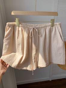 Comfortcana Plus Size Casual Loose Drawstring Solid Color Comfortable Shorts, Spring/Summer - Khaki - View 4