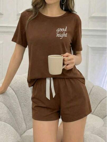 Conjunto de 2 piezas de pantalón y/o Short  blusa de manga Corta de cuello redondo de unicolor, de punto jacquard, holgado y casual para mujer, ropa de otoño e invierno