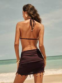 Modelyn Women's Chocolate Brown Ruched Halter Neck Mini Dress,Summer Casual Sexy Beach Vacation Holiday Outfits,Waist Cutout Backless Beaded Hem Fringe Y2k - Brown - View 7