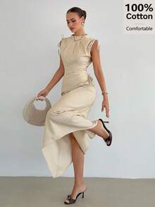 Siren Gaze Women's Elegant 100 Cotton Stand-Up Collar Midi Dress Sleeveless Ruching Asymmetrical Hem Autumn Holiday Gown Beige Tea Party Brunch Casual - Apricot - View 4