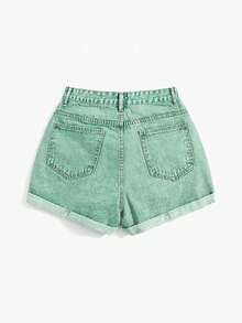 SHEIN EZwear Quần short denim nữ dáng rộng, thoải mái, rách rưới, có túi. - màu xanh lá - Xem 2