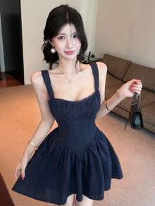 DAZY 春夏蓝色吊带连衣裙，休闲波点条纹吊带裙，甜美少女风，适合情人节、婚礼、派对、正式场合，时尚修身，优雅大方，适合办公室穿着，泡泡裙摆，短款连衣裙，短袖女式连衣裙 - 藏蓝色 - 查看 3